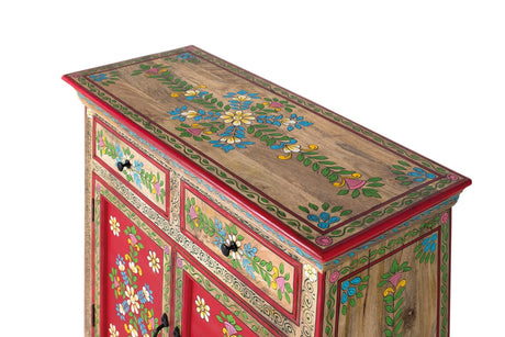 Giner and Colomer - Mango Wood Sideboard (2 Doors, 2 Drawers) With Hand-Painted Floral Accents
