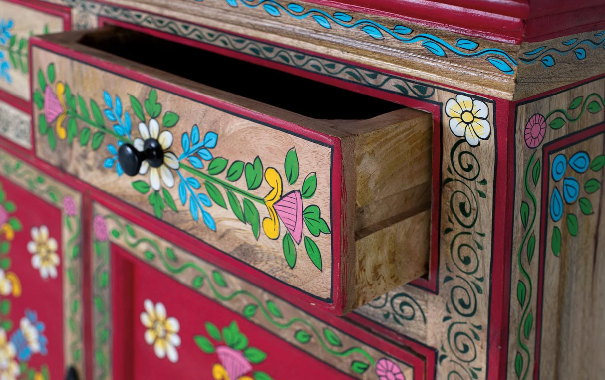 Giner and Colomer - Mango Wood Sideboard (2 Doors, 2 Drawers) With Hand-Painted Floral Accents