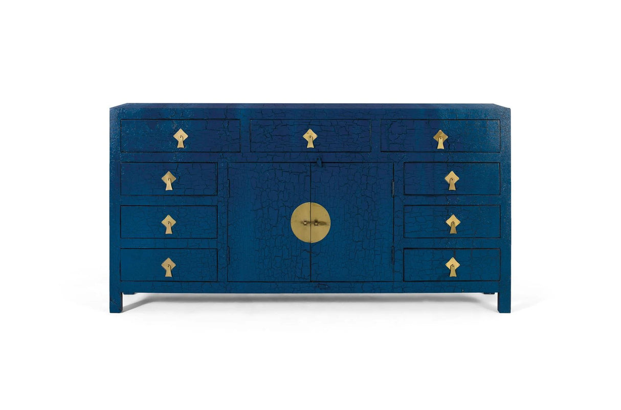 Giner and Colomer - Zen-Style Sideboard In Distressed Blue Lacquer With Antique Gold Hardware
