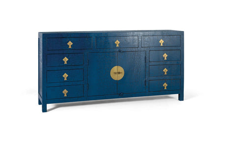 Giner and Colomer - Zen-Style Sideboard In Distressed Blue Lacquer With Antique Gold Hardware