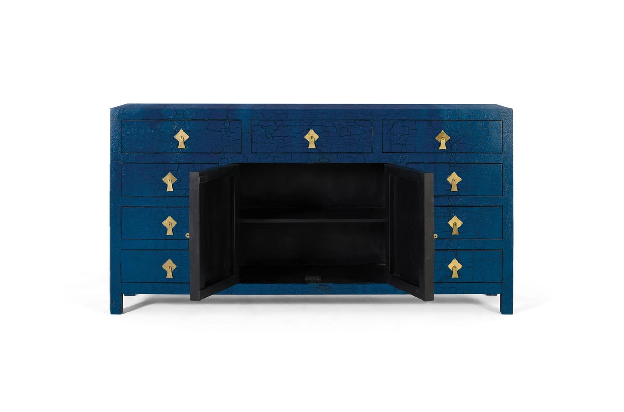 Giner and Colomer - Zen-Style Sideboard In Distressed Blue Lacquer With Antique Gold Hardware