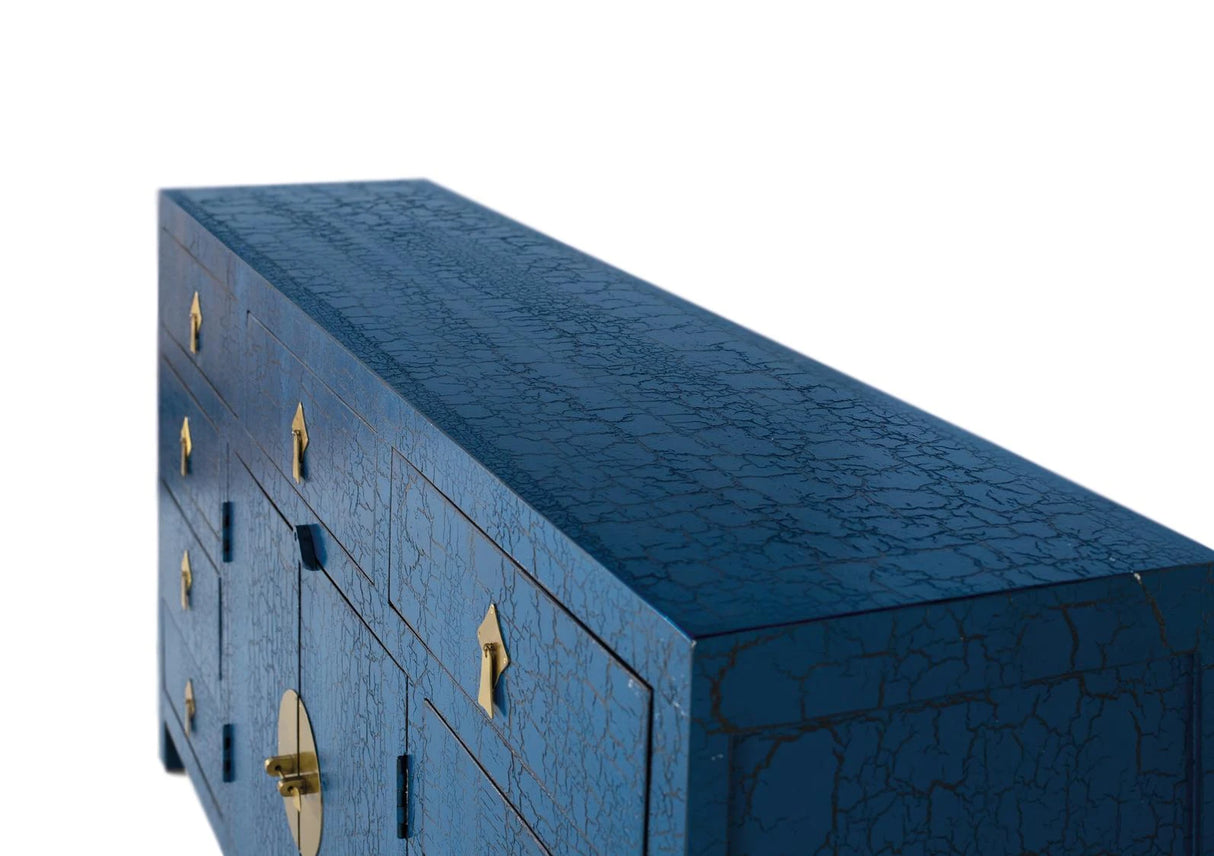 Giner and Colomer - Zen-Style Sideboard In Distressed Blue Lacquer With Antique Gold Hardware