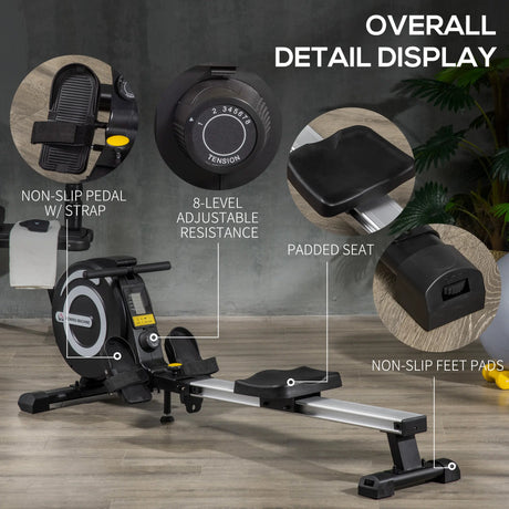 HOMCOM Folding Rowing Machine, Magnetic Rower Machine with 8 Levels Quiet Resistance, LCD Monitor, Wheels, Aluminium Slide Rail and Vertical Storage, for Home Gym Cardio Training
