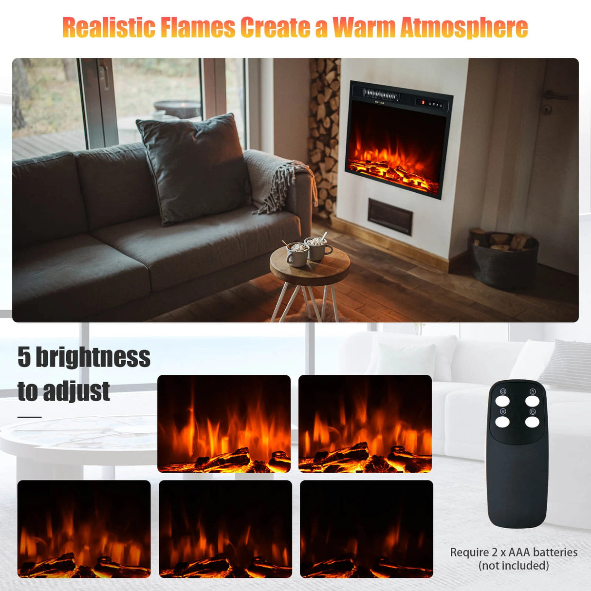 18"/45cm Electric Fireplace 1500W with Remote Control and Adjustable Flame