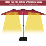 15 Ft Solar LED Patio Double-sided Umbrella Market Umbrella with Weight Base-Red