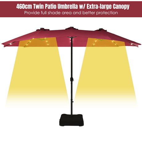 15 Ft Solar LED Patio Double-sided Umbrella Market Umbrella with Weight Base-Red