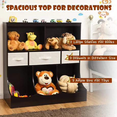 Freestanding Combo Cubby Bin Storage Organizer Unit W/3 Baskets-Brown