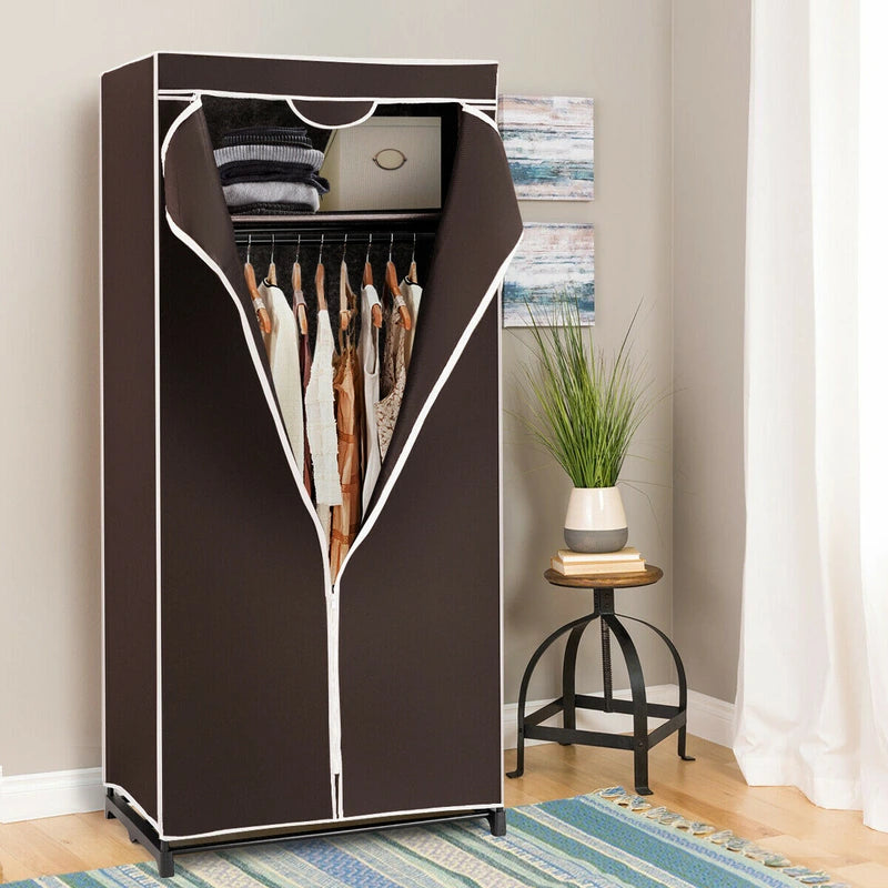 Single Canvas Wardrobe with Dust-proof Cover-Coffee