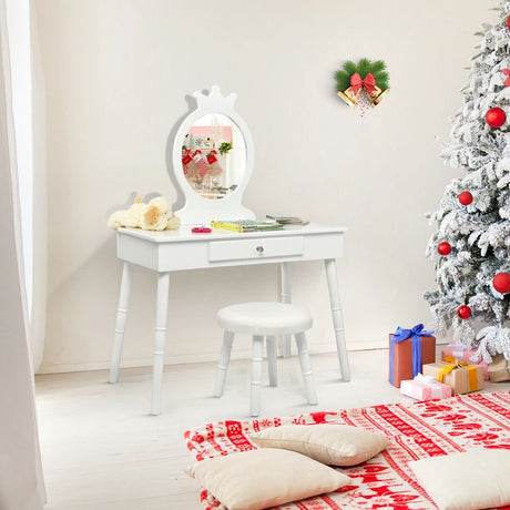 Vanity Makeup Table Set with Real Mirror for Little Girls White