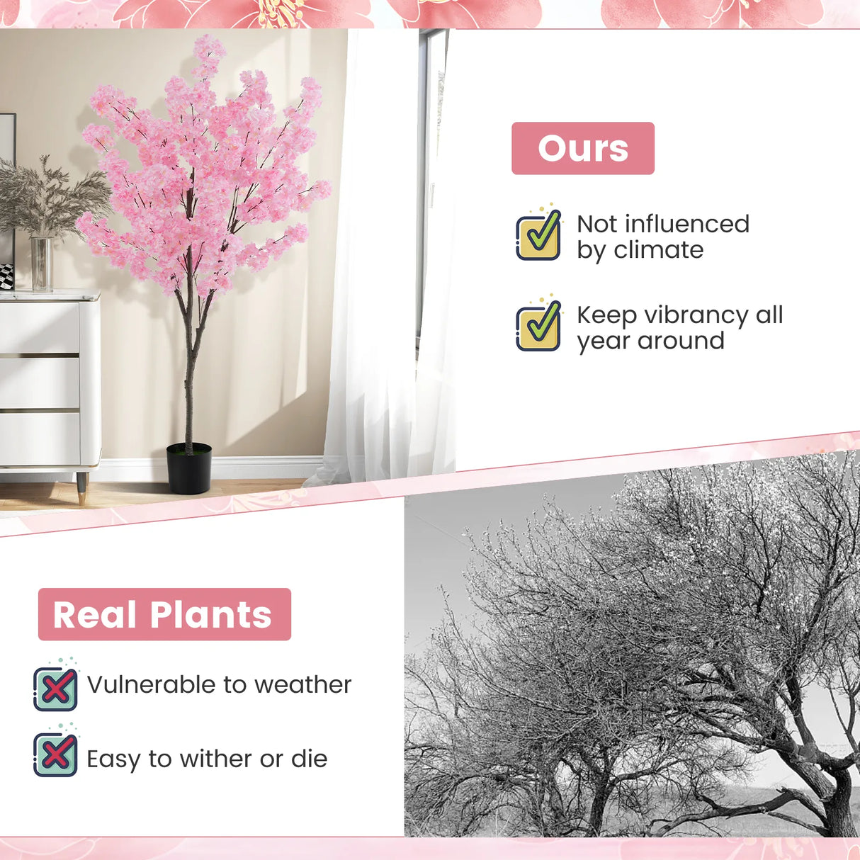 6.5 FT Tall Artificial Cherry Blossom Tree with 1170 Pink Flowers