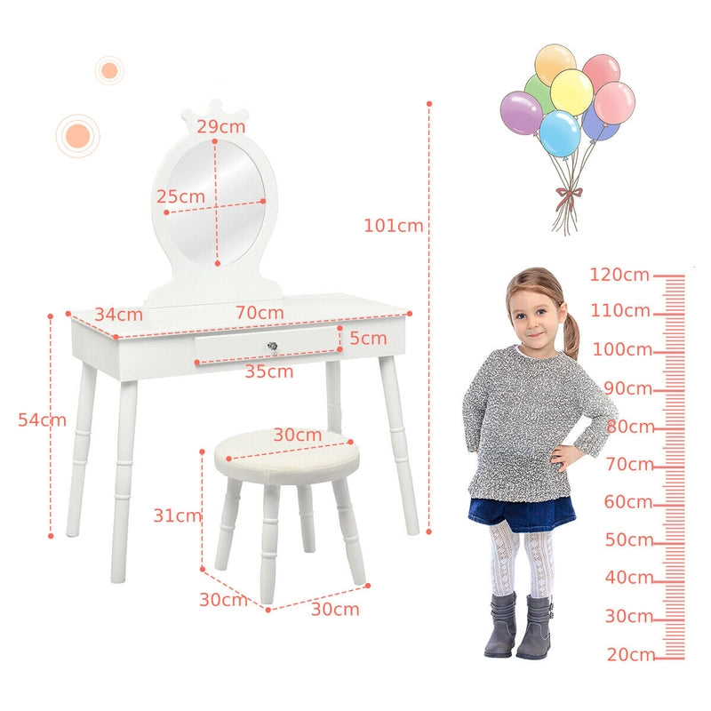Vanity Makeup Table Set with Real Mirror for Little Girls White