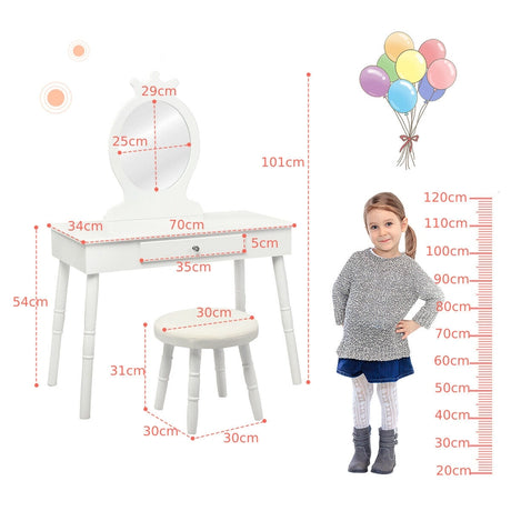 Vanity Makeup Table Set with Real Mirror for Little Girls White