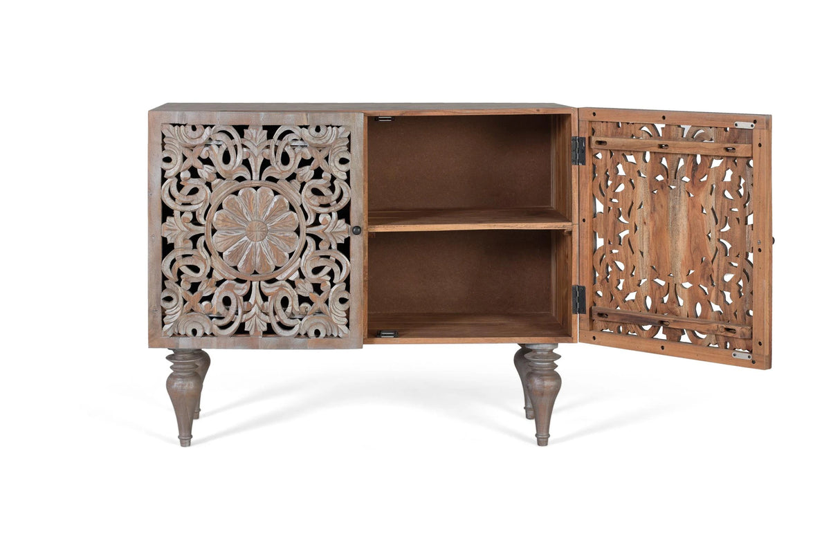 Giner and Colomer - Hand-Carved Mango Wood Sideboard (2 Doors, Turned Legs, Grey Pickled)