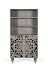 Giner and Colomer - Hand-Carved Mango Wood Bookcase (2 Doors, Grey Pickled)
