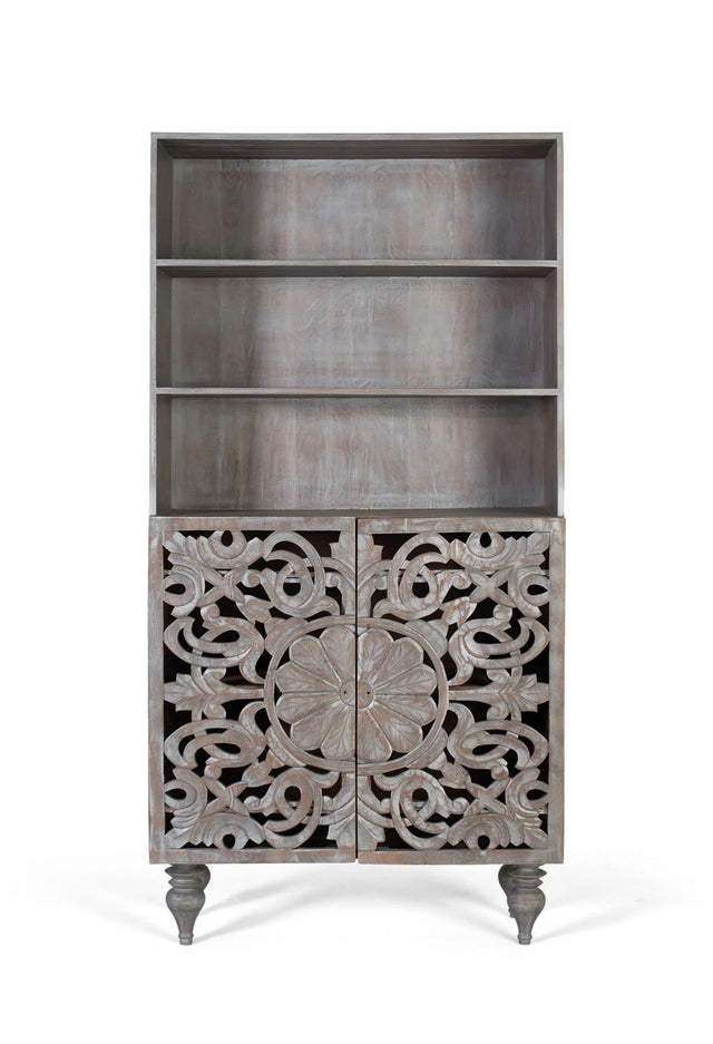 Giner and Colomer - Hand-Carved Mango Wood Bookcase (2 Doors, Grey Pickled)