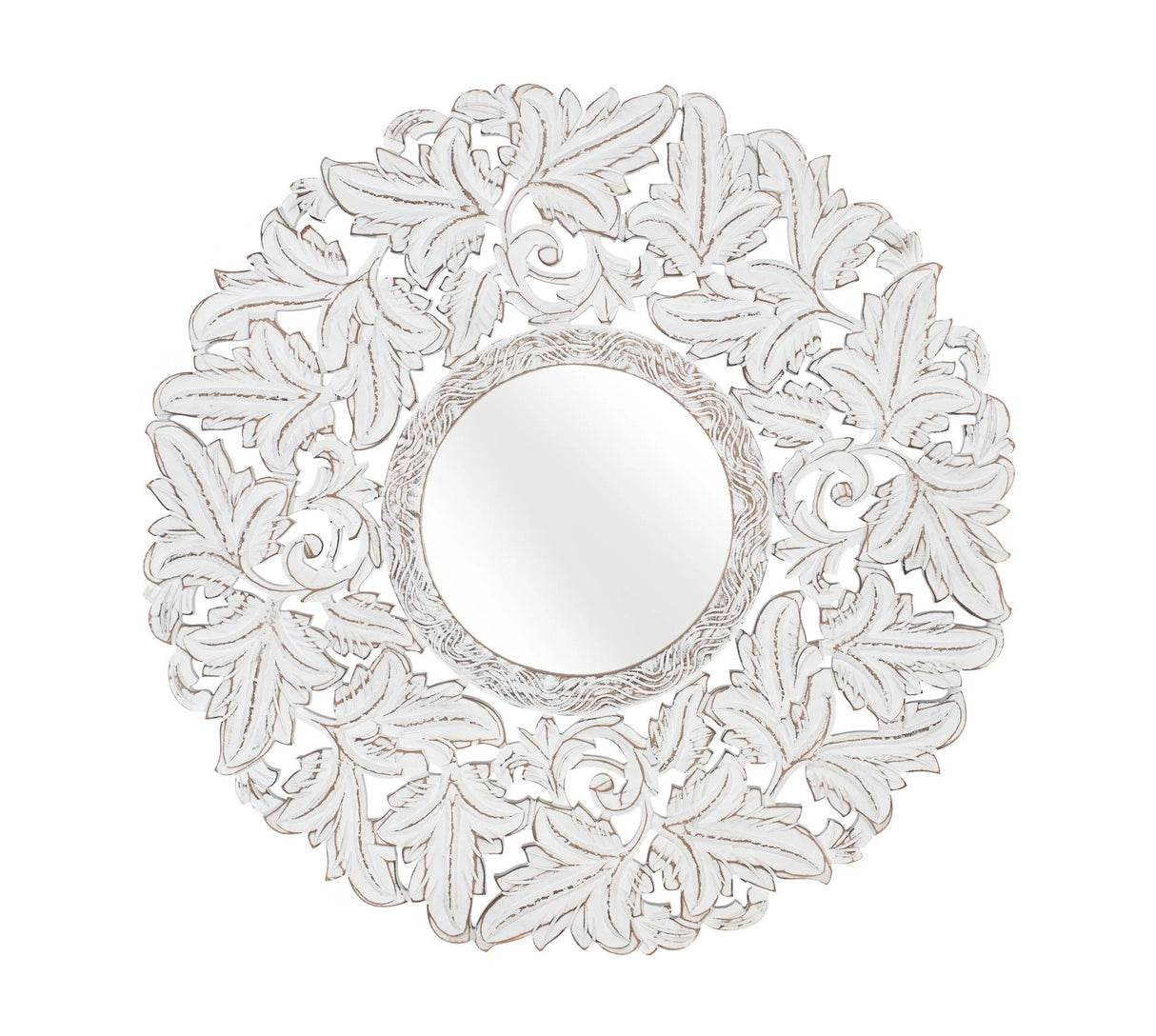 Giner and Colomer - Round Hand-Carved MDF Mirror (White Patina, Exotic Influences)
