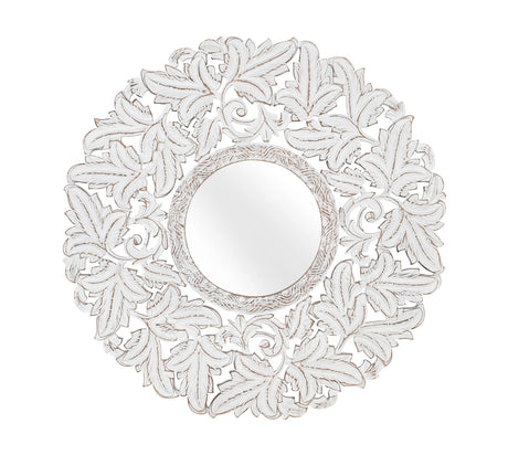 Giner and Colomer - Round Hand-Carved MDF Mirror (White Patina, Exotic Influences)
