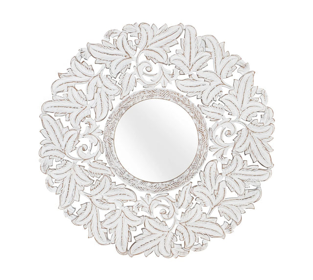Giner and Colomer - Round Hand-Carved MDF Mirror (White Patina, Exotic Influences)