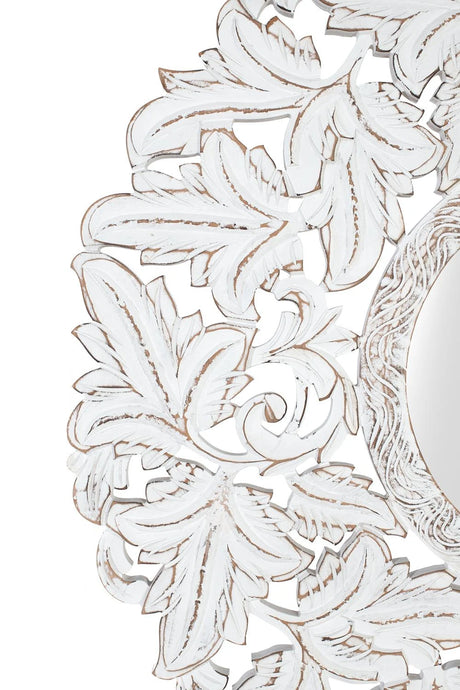 Giner and Colomer - Round Hand-Carved MDF Mirror (White Patina, Exotic Influences)