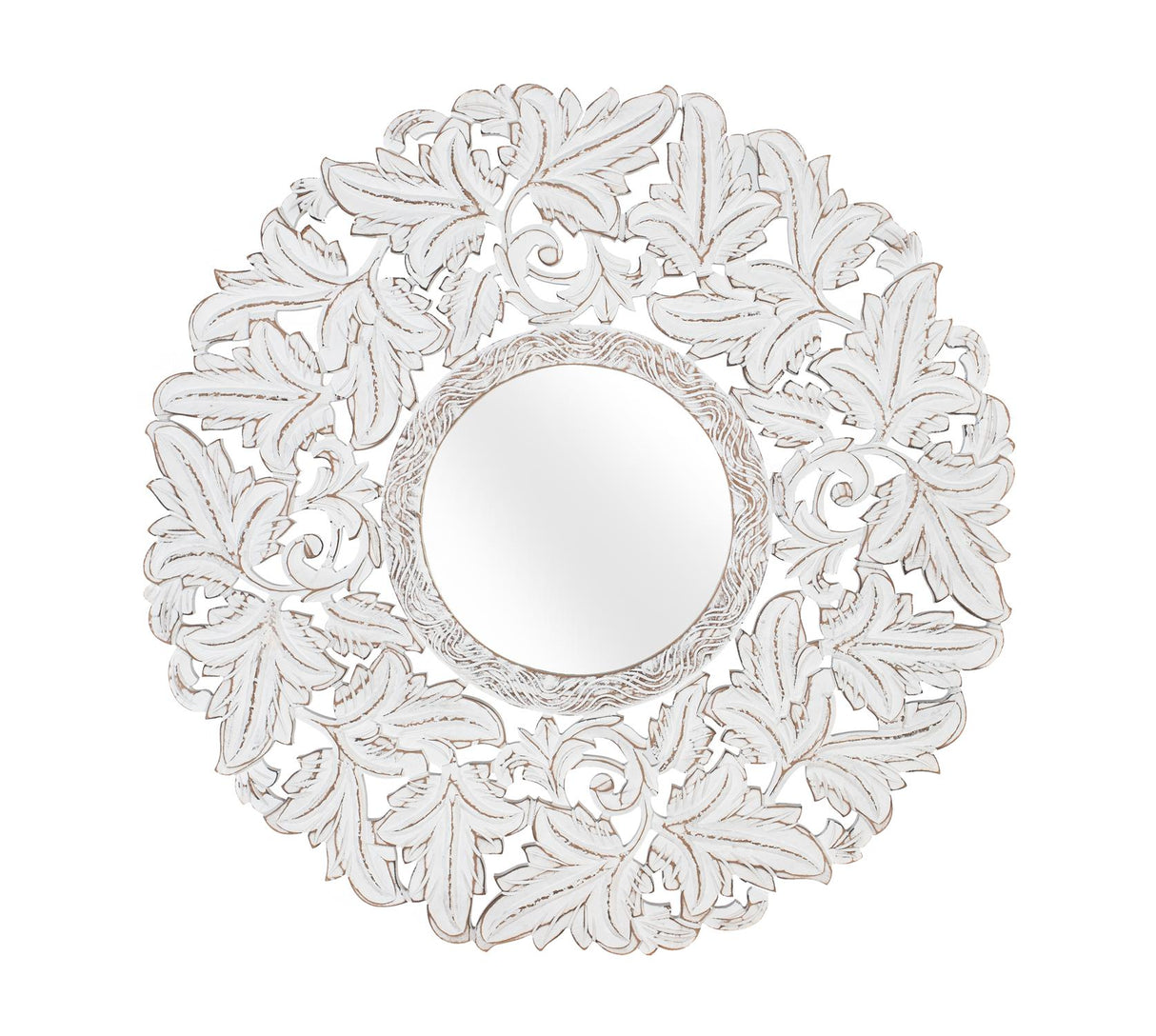 Giner and Colomer - Round Hand-Carved MDF Mirror (White Patina, Exotic Influences)
