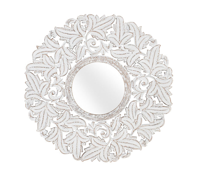 Giner and Colomer - Round Hand-Carved MDF Mirror (White Patina, Exotic Influences)