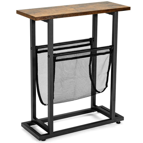 2-Tier Industrial End Table with Mesh Magazine Holder Sling for Living Room/Bedroom/Office