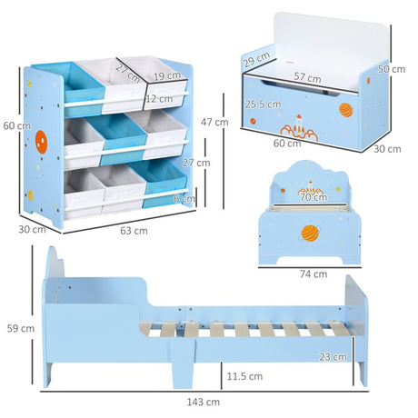 ZONEKIZ 3PCs Kids Bedroom Furniture Set with Bed, Toy Box Bench, Storage Unit with Baskets, Space Themed, for 3-6 Years Old, Blue