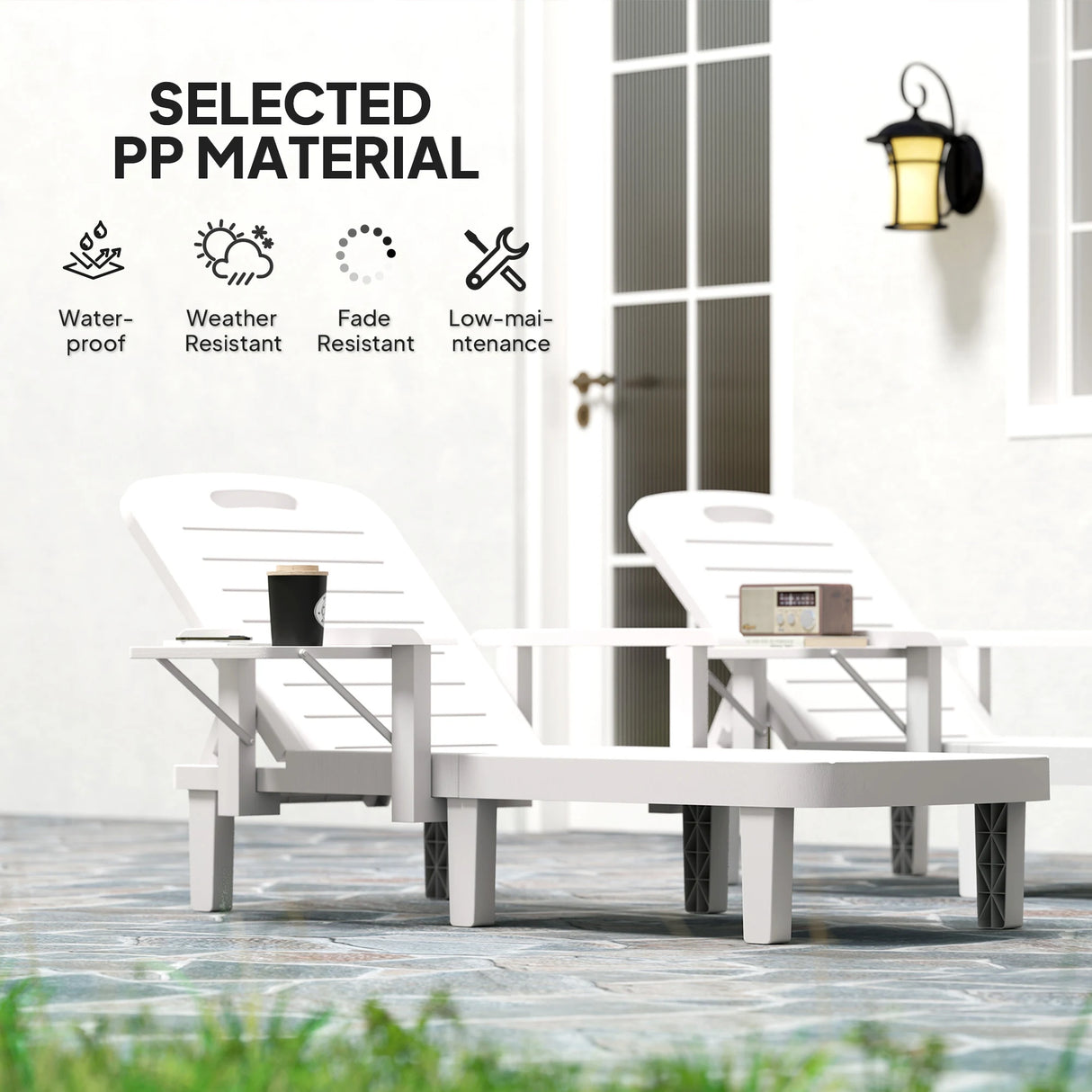 Outsunny Set of 2 Resin Reclining Sun Loungers for Garden, 5 Positions Adjustable Outdoor Chaise Lounge Chairs with Wood Texture Surface, Armrests, Foldable Side Table for Garden, Beach, White