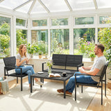Outsunny 4 Piece Garden Furniture Set, Outdoor Sofa Set with HDPE Slatted Loveseat Armchairs Coffee Table Metal Frame, Black