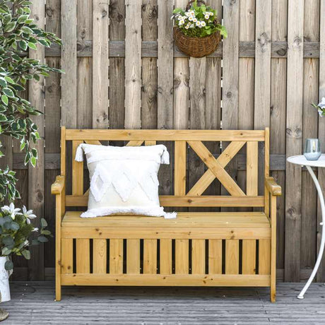 Outsunny 2-Seater Garden Storage Bench for Patio Wood Porch Decor Outdoor Seating