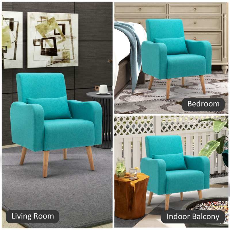 HOMCOM Accent Chair, Linen-Touch Armchair, Upholstered Leisure Lounge Sofa for Living Room, Club Chair with Wooden Frame, Teal