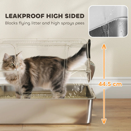 PawHut XL Stainless Steel Litter Box w/ 100 Flip Top, Scoop, Side Top Dual Entry, Odor Free, Easy Cleaning, Anti Leakage