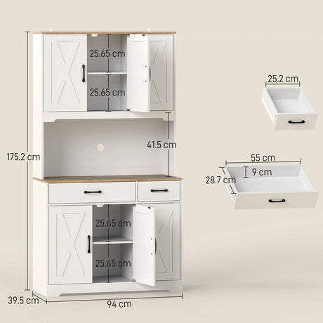 HOMCOM 175 cm Tall Kitchen Pantry Cabinet with Microwave Stand, Freestanding Pantry Cupboard, White