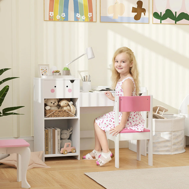 AIYAPLAY Rabbit-Themed Kids Desk and Chair Set with Bookcase, Drawers, Shelves, for Ages 3-6 Years, Whtie/Pink
