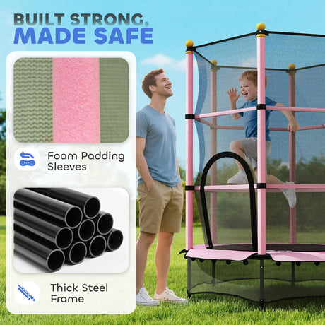 HOMCOM 4.6FT/55" Kids Trampoline with Safety Enclosure, Outdoor Indoor Use, for Ages 3-10 Years, Pink