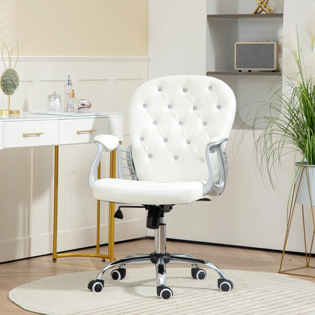 Vinsetto Office Chair Ergonomic 360 Swivel PU Diamante Padded Base 5 Castor Wheels for Home Work White