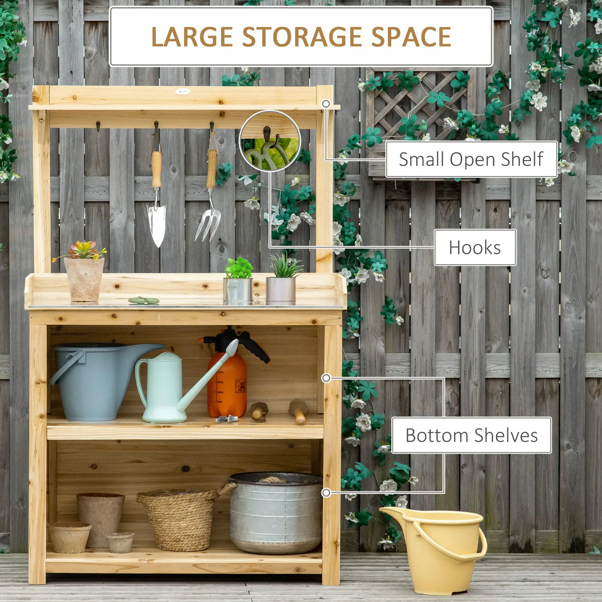 Outsunny Garden Potting Bench Table, Wooden Workstation Bench w/ Galvanized Metal Tabletop, Storage Shelves and Hooks, Natural