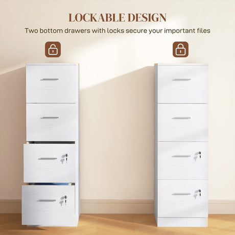 HOMCOM Four-Drawer Lockable Filing Cabinet - White Wood Effect