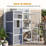 PawHut 4-Tier Wooden Catio Cat Outdoor Enclosure with Sun Roof, Resting Rooms, 3 Platforms, Window Outdoor Indoor, Grey