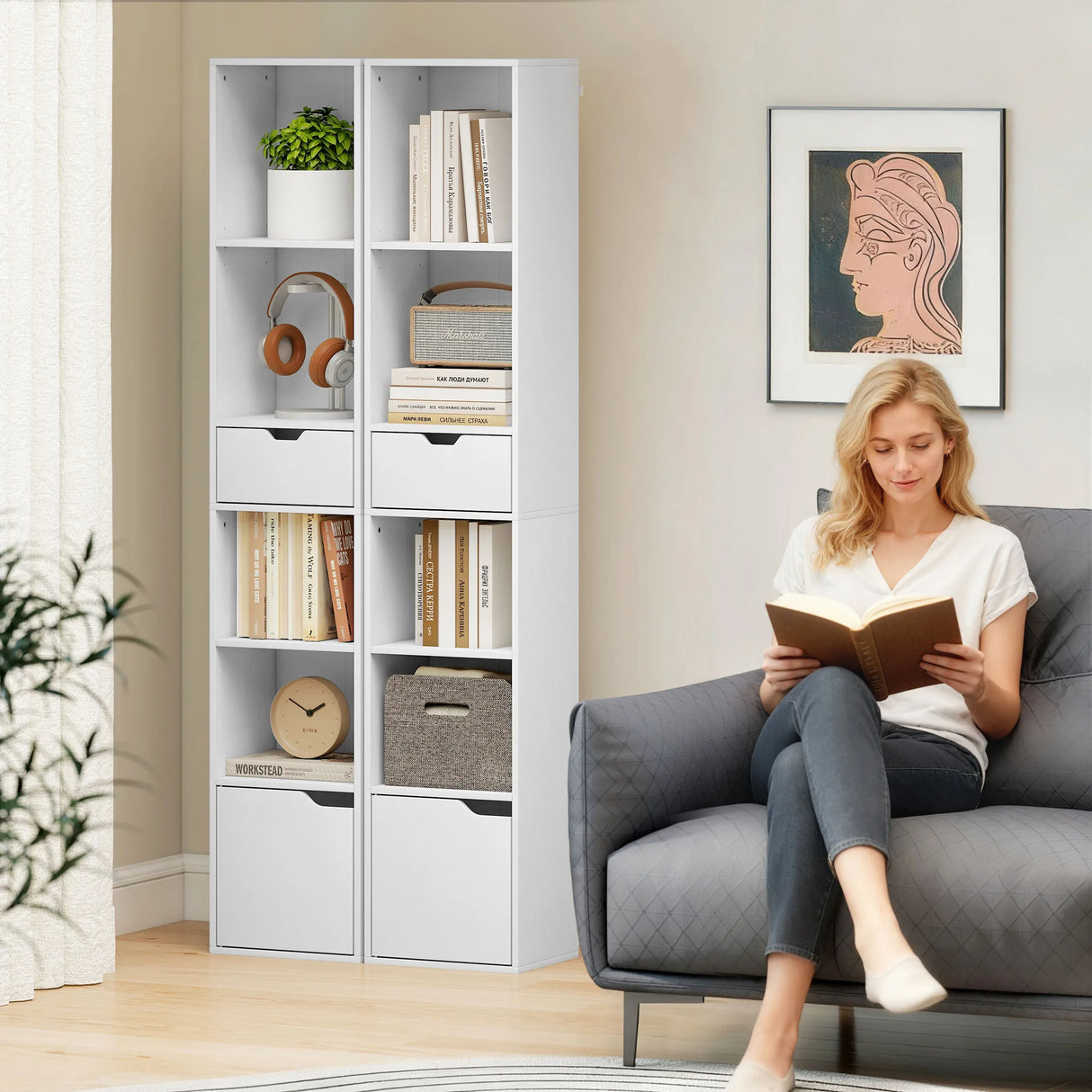 HOMCOM 6-Tier Bookcase, Tall Narrow Bookshelf with Drawer and Door - White