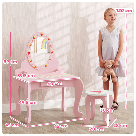 AIYAPLAY Kids Dressing Table Set, Vanity Table with Stool, Mirror, Drawer, Desktop, Storage, Strawberry-Theme, Pink