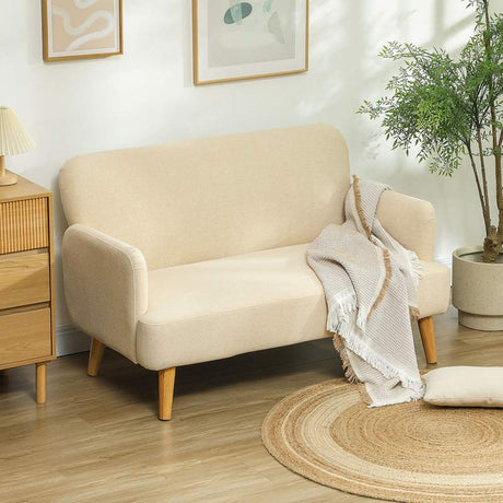 HOMCOM Velvet Feel Fabric 2 Seater Sofa, Small Sofa Loveseat with 21cm Thick Padding and Wood Legs, Cream White