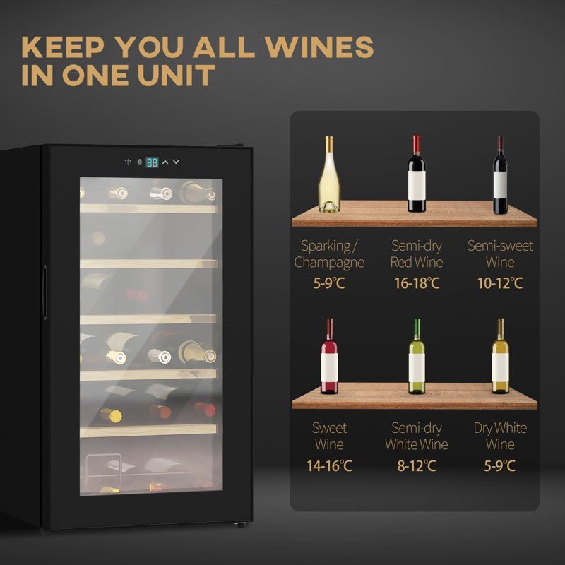 HOMCOM 24 Bottles Freestanding Wine Fridge with Glass Door, 65 Litres Single Zone Wine Cooler Fridge with Digital Touch Screen Controls and LED Light, Black