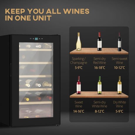 HOMCOM 24 Bottles Freestanding Wine Fridge with Glass Door, 65 Litres Single Zone Wine Cooler Fridge with Digital Touch Screen Controls and LED Light, Black