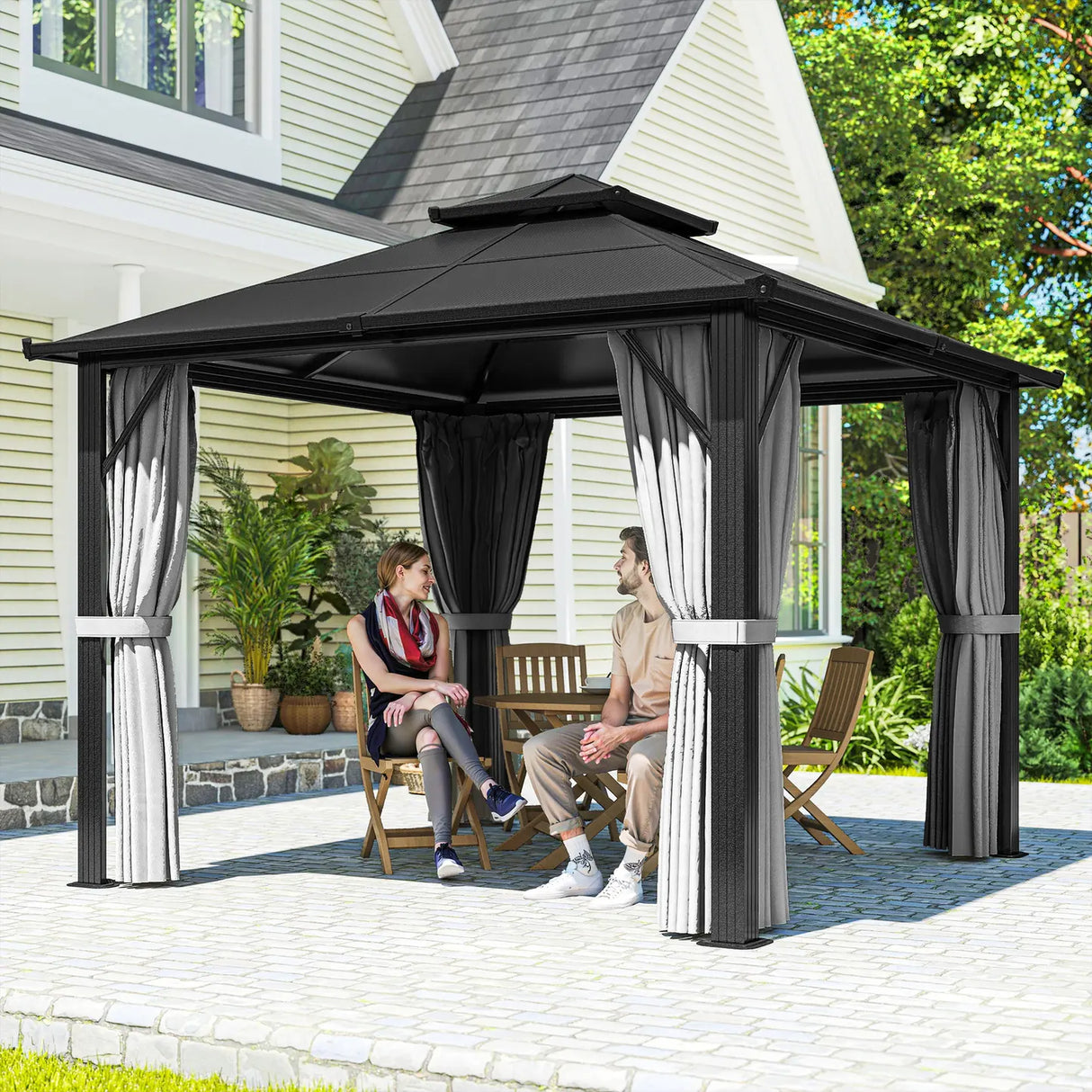 Outsunny 3 x 3(m) Hardtop Gazebo Canopy with UPF30+ Double Polycarbonate Roof, Aluminium Frame Garden Gazebo Permanent Pavilion with Mosquito Netting and Curtains for Patio, Deck, Grey