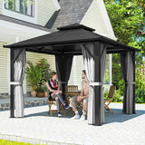 Outsunny 3 x 3(m) Hardtop Gazebo Canopy with UPF30+ Double Polycarbonate Roof, Aluminium Frame Garden Gazebo Permanent Pavilion with Mosquito Netting and Curtains for Patio, Deck, Grey