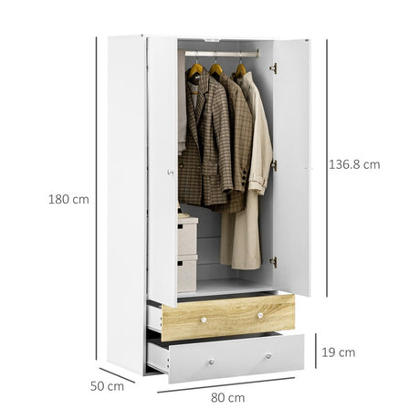 HOMCOM 2-Door Wardrobe with 2 Drawers, Hanging Rod and Anti-tipping Straps for Bedroom Clothes Storage Organisation, White