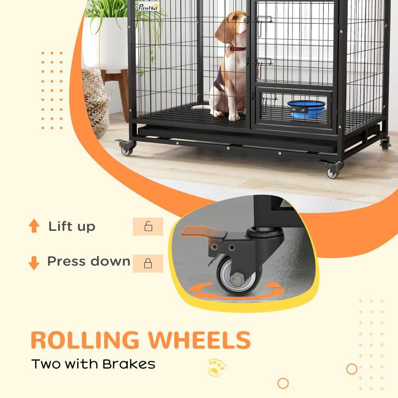 PawHut Heavy Duty Dog Crate on Wheels w/ Bowl Holder, Removable Tray, Openable Top, Detachable Door, for L, XL Dogs