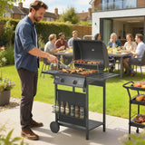 Outsunny Gas Burner Barbecue Grill, 2 Burner Gas Grill with Side Tables, Warming Rack, Shelf, Thermometer, Grease Tray, Black
