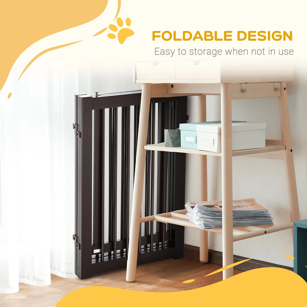 PawHut Freestanding Dog Gate, Foldable Pet Fence, Indoor Barrier, Stair Gate with Support Feet, 155 x 76 cm, Brown